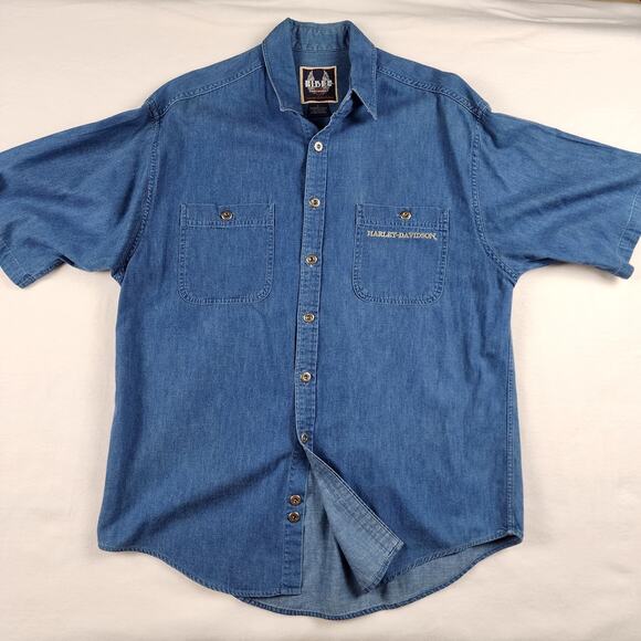 Vtg 1997 Harley Davidson Shirt Mens Large Blue Denim Button Short Sleeve Logo - Picture 1 of 6